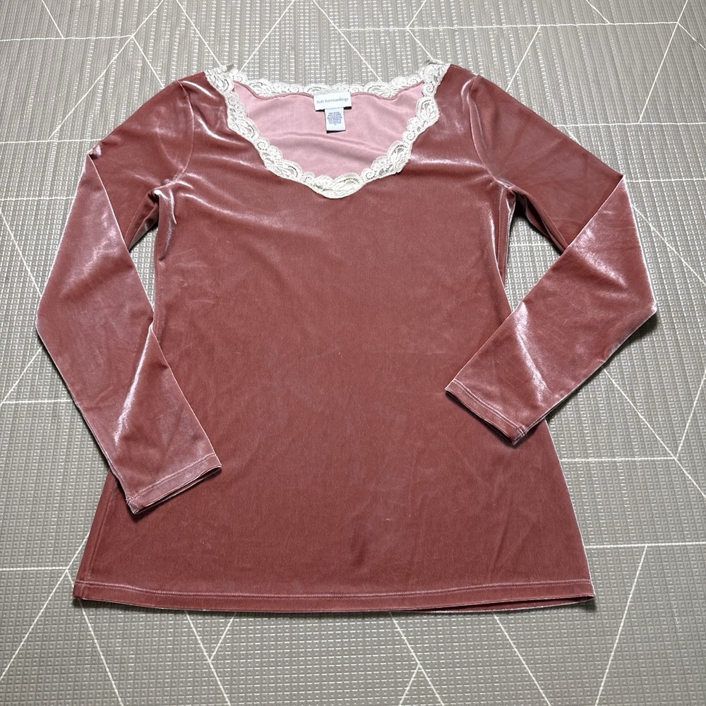 Soft Surroundings Crushed Velvet Top M Mauve Pink Lace Romantic Y2K Fairy